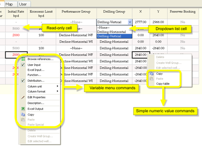 Table cell types and menus