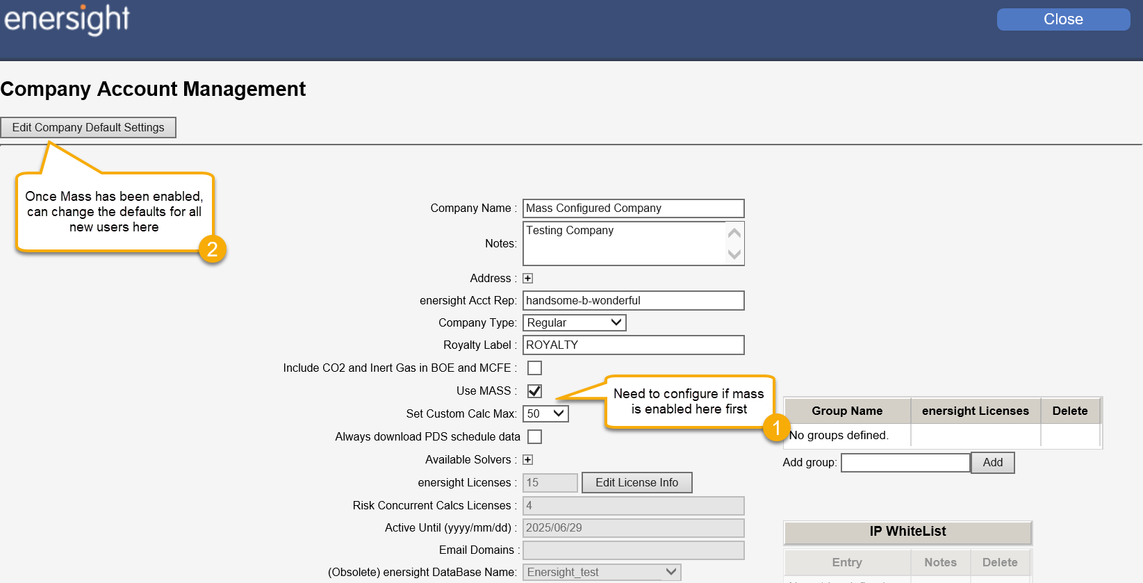 Need to configured if USE MASS box is checked, use Edit Company Default settings to change defaults for new users