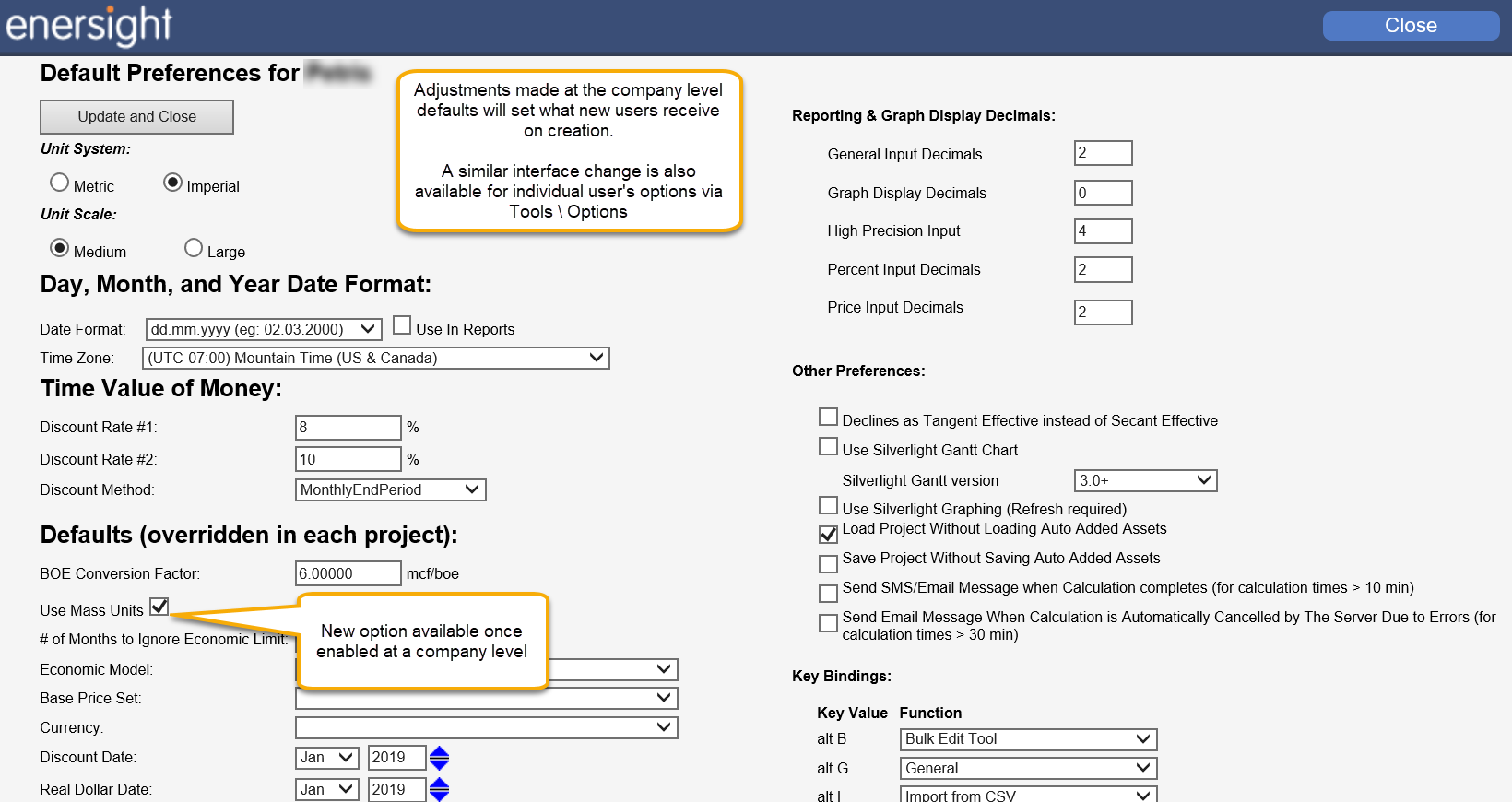 describes Use Mass Units checkbox as a new option, describes default options on Default Preferences screen