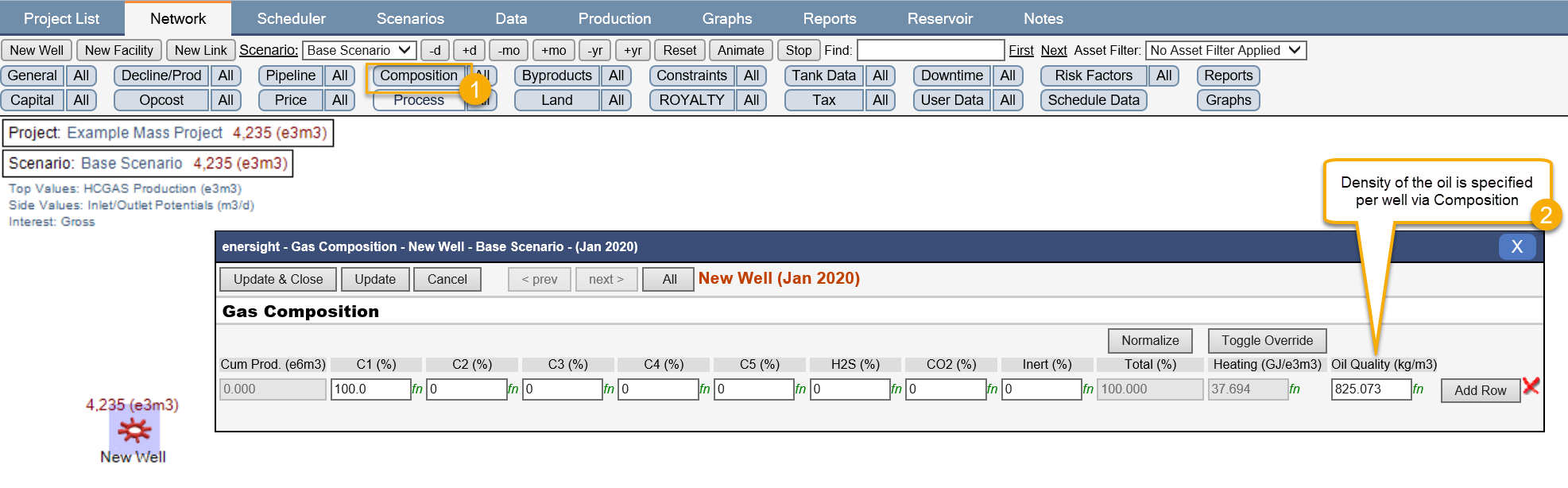 In the Composition tab, density of the oil is specified per well