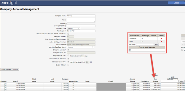 Company account management screen with arrow to groups column