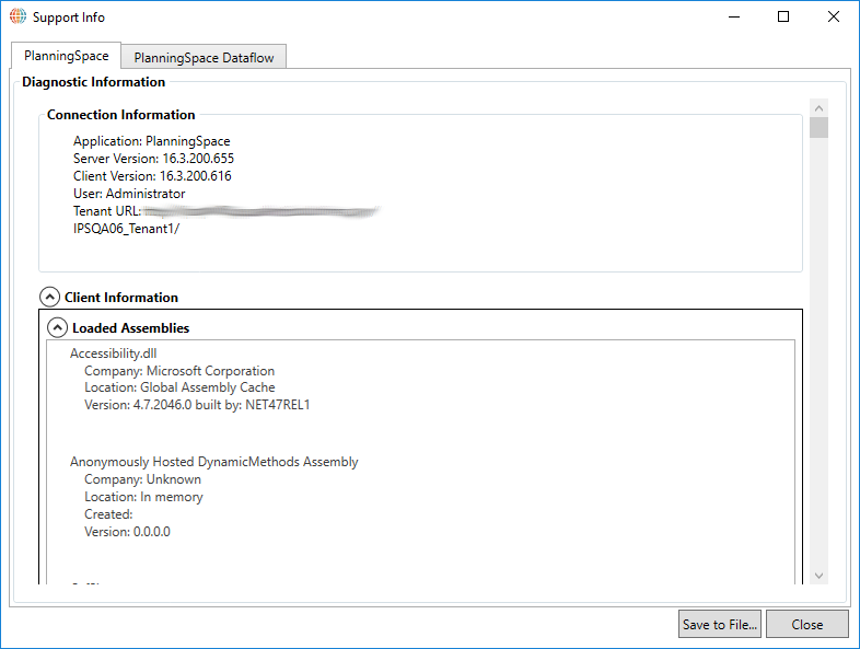 PlanningSpace About-Support Info window