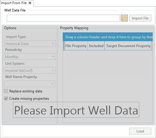 The Well Data Importer screen