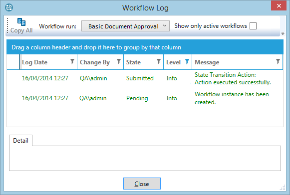 Workflow log opened from a document