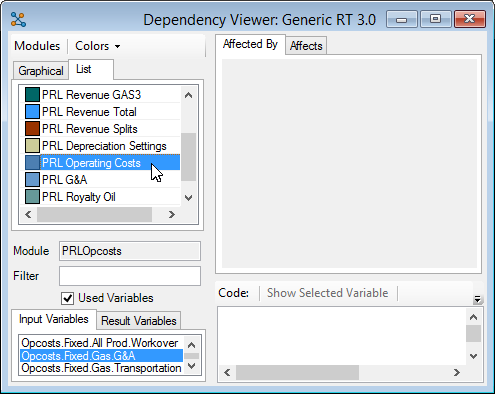 The List tab in the Dependency Viewer