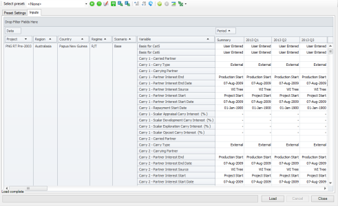 A pivot grid in the Inputs Viewer