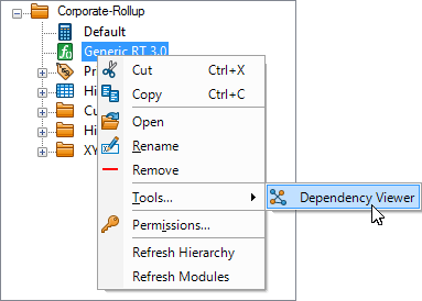 The Regimes context menu with the Dependency Viewer selected