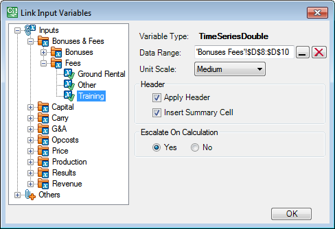 The Link Input Variables window