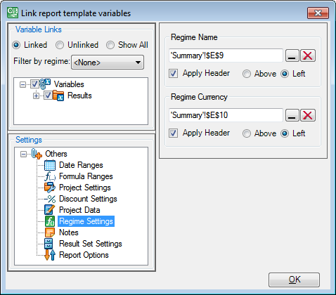 The Regime Settings option 