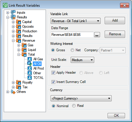 The Link Result Variables window