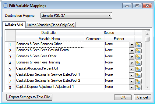 The Variable Name column populated with user-entered variables from the selected  Regime