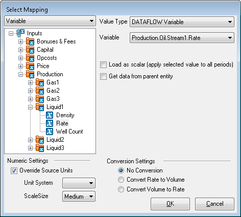 The Select Mapping window with variable setting