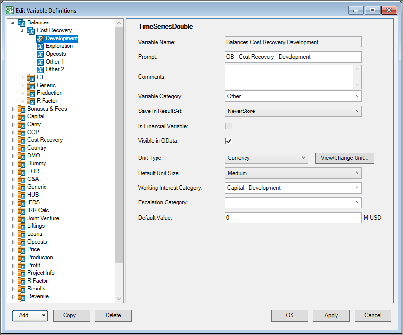 Variable Definitions window