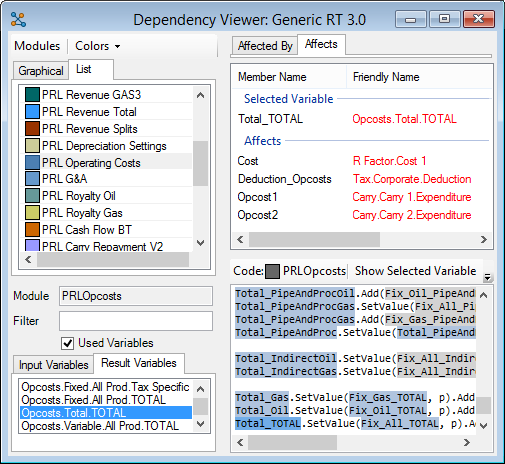 Example module code in the Dependency Viewer