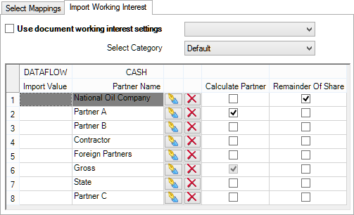 The Import Working Interest tab