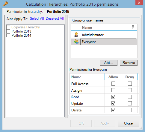 Permissions window