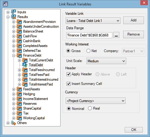 The Link Result Variables window