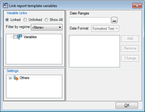 The empty Link Report Template Variables window