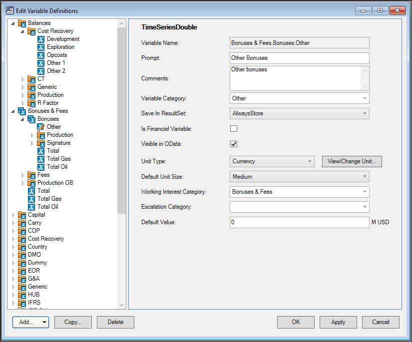 Variable Definitions window