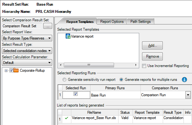 The reporting screen set to run a variance report