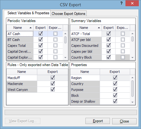 The CSV Export window