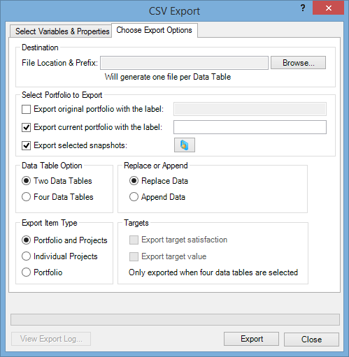 The Choose Export Options tab