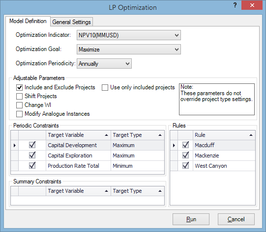 The Model Definition tab