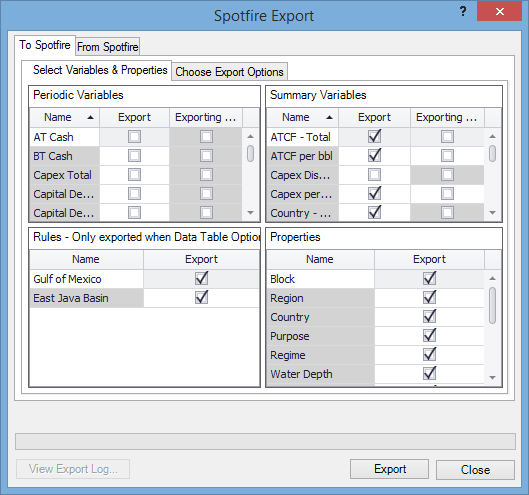 The Spotfire Export window