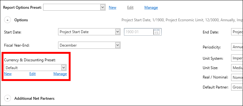 Result Set Report Options with Currency and Discounting highlighted