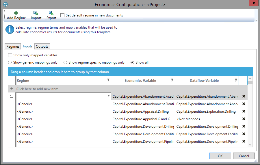 Economics configuration - inputs