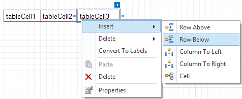 A table's elements are managed by using its context menu