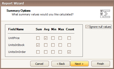 Summary options