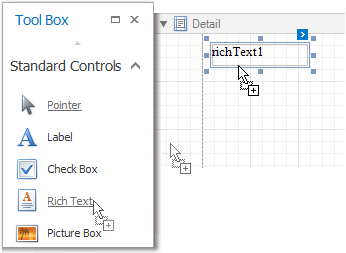 To create a control, drag it from the Toolbox panel onto the report area