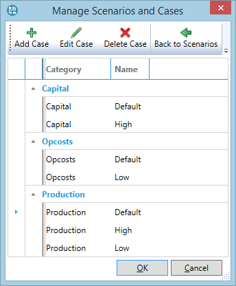 Manage Cases section of the Manage Scenarios window