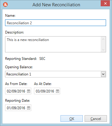 Add New Reconciliation window with details