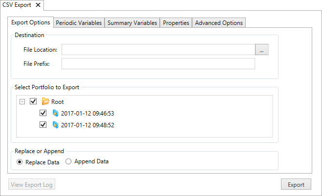 Export Data to CSV window
