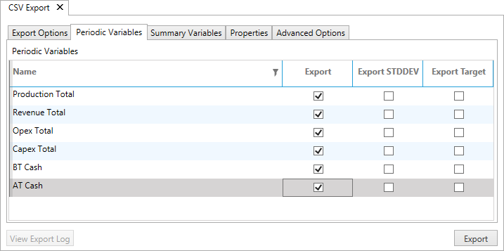 CSV Export window