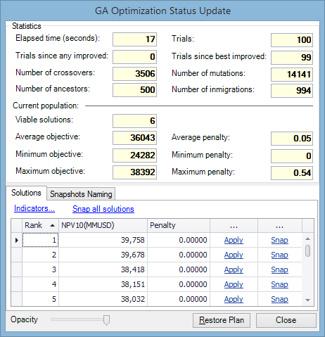 GA Optimization Status Update window