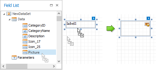 To automatically create a control bound to data, drag from the Field List and drop it onto a report's surface