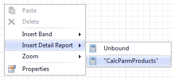 To add a Detail Report band, use the context menu