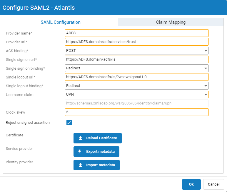 Screenshot IPS Tenant Configure SAML2 IdentityProvider dialog