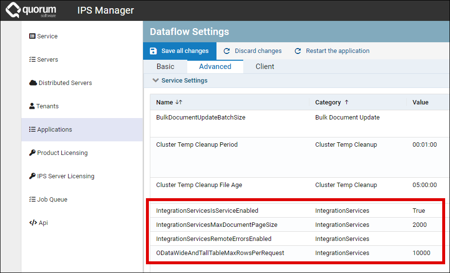 screenshot of Applications settings for Integration Services