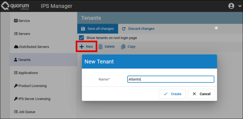 Screenshot IPS new tenant creation