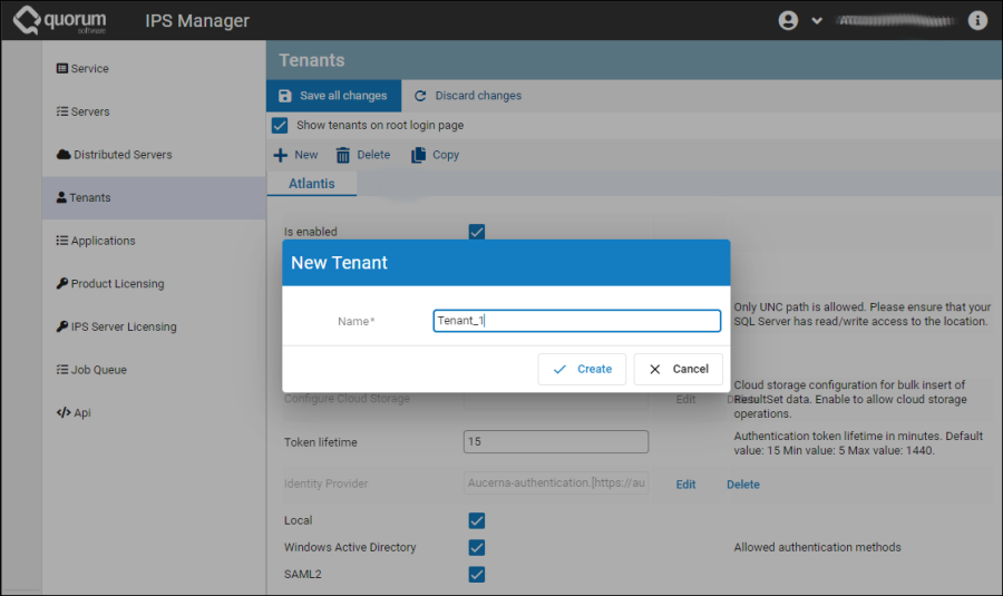 Screenshot IPS new tenant creation