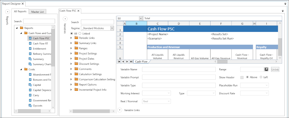 Economics Configuration Report Template Editor