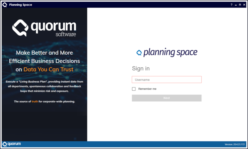 Planning Space Client login screen