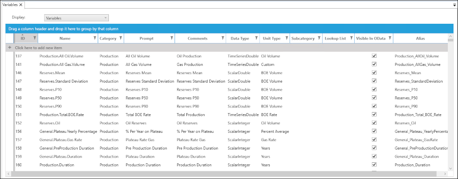 Dataflow Variables screen