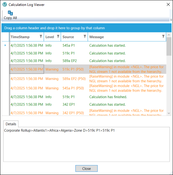 Economics Desktop Result Set Calculation Log Viewer