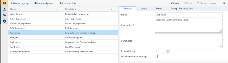 Planning Space security - workgroup editor - general tab