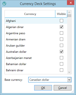 Currency Deck Settings window